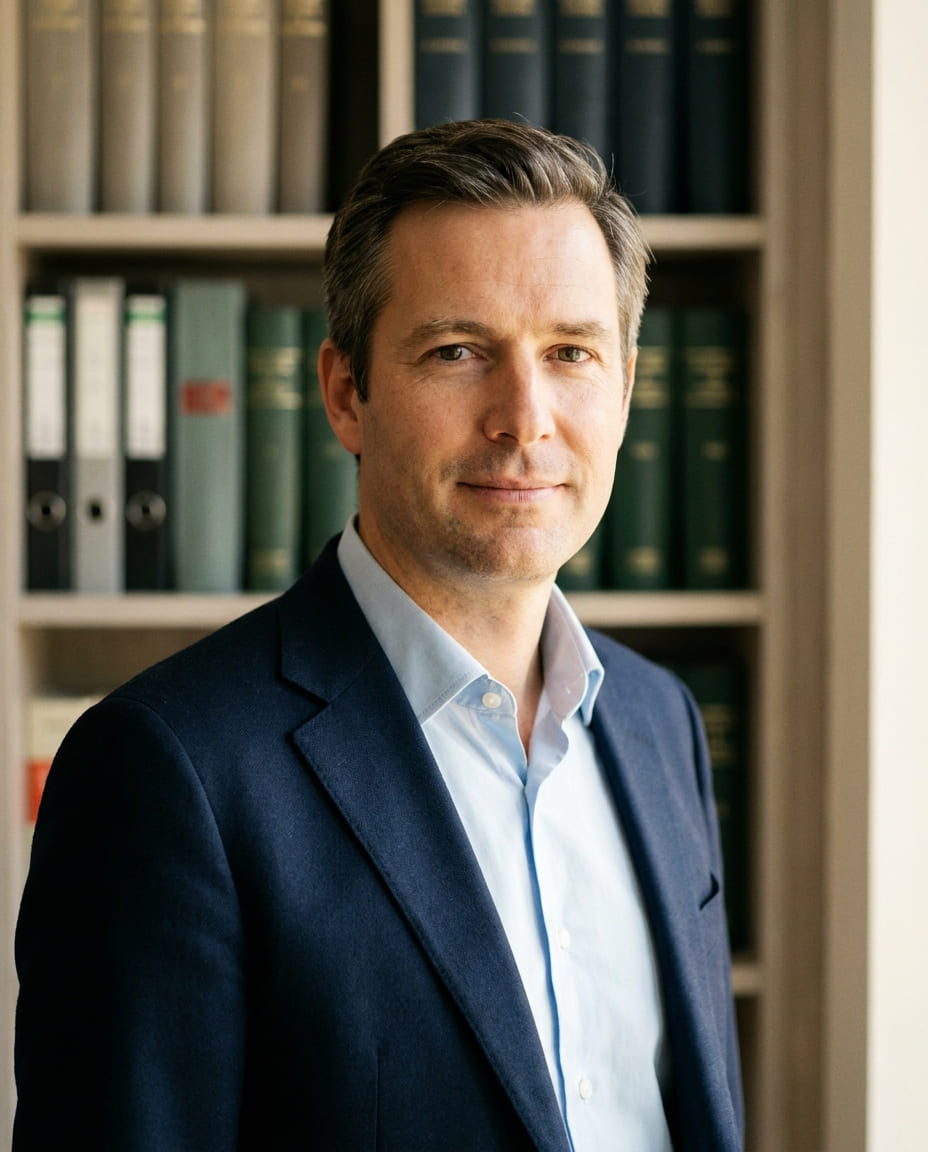 Matthias Steiner, Senior Associate at Switzerland Firma's Zug office, business-casual portrait against bookshelf